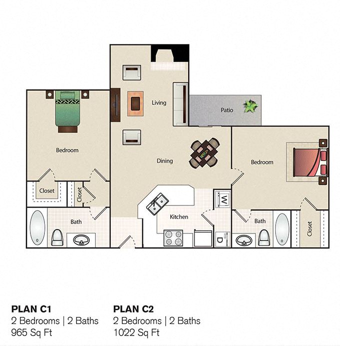 Floor plan for 2 beds, 2 baths, 1022 sqft